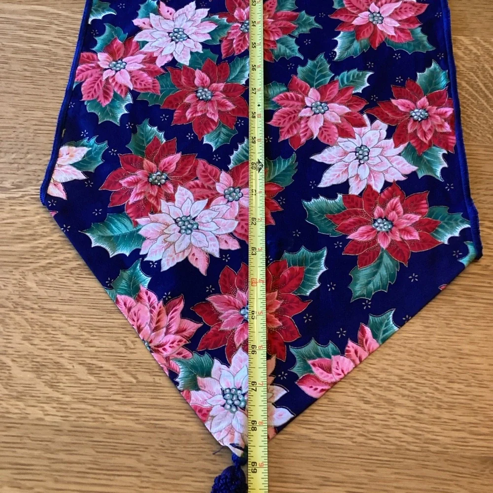 Christmas Table Runner Poinsettias 69 X 13 Blue Background Tassels Holiday Linen